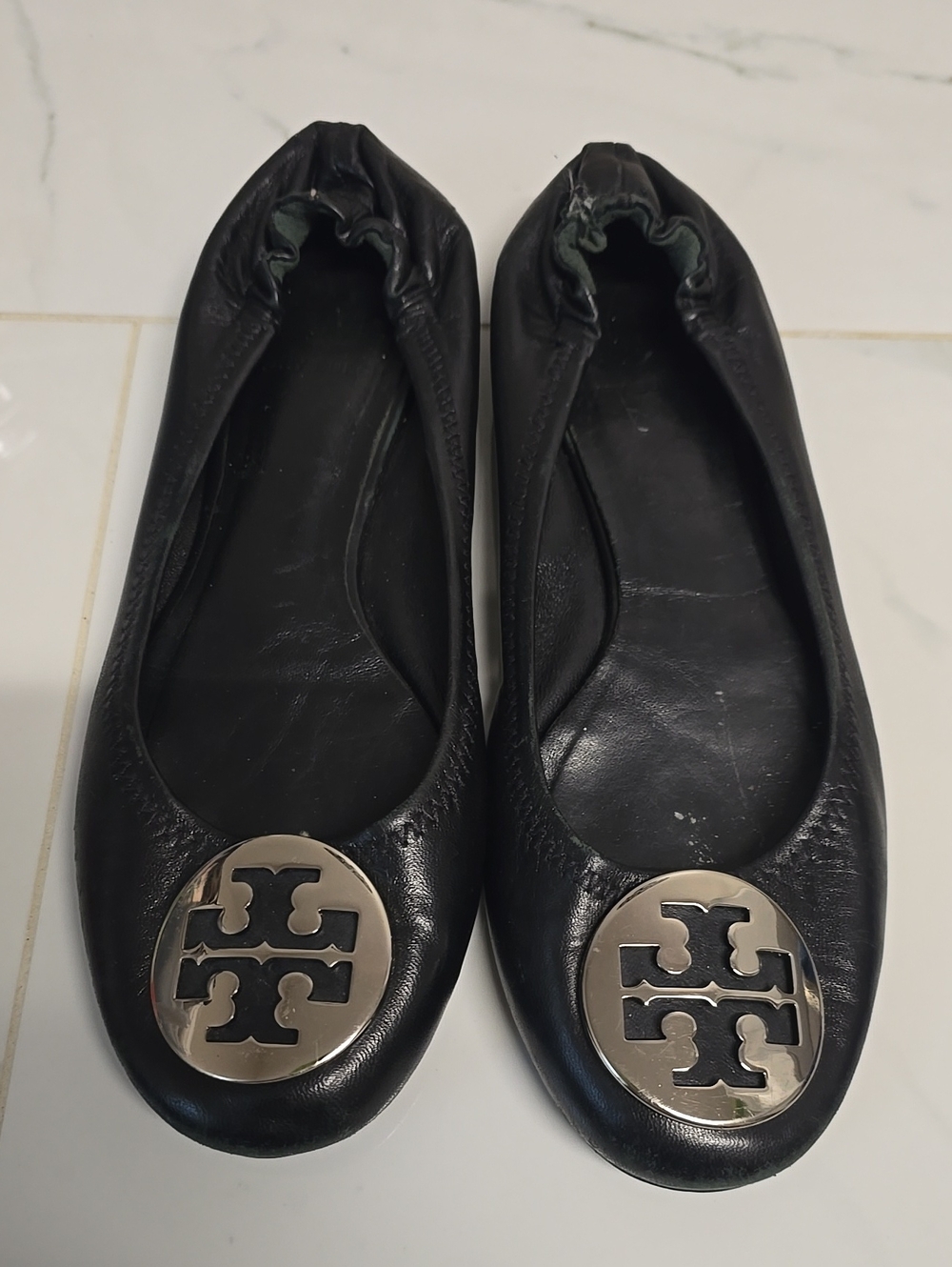 Tory Burch Black Leather Logo Medallion Ballet Flats
